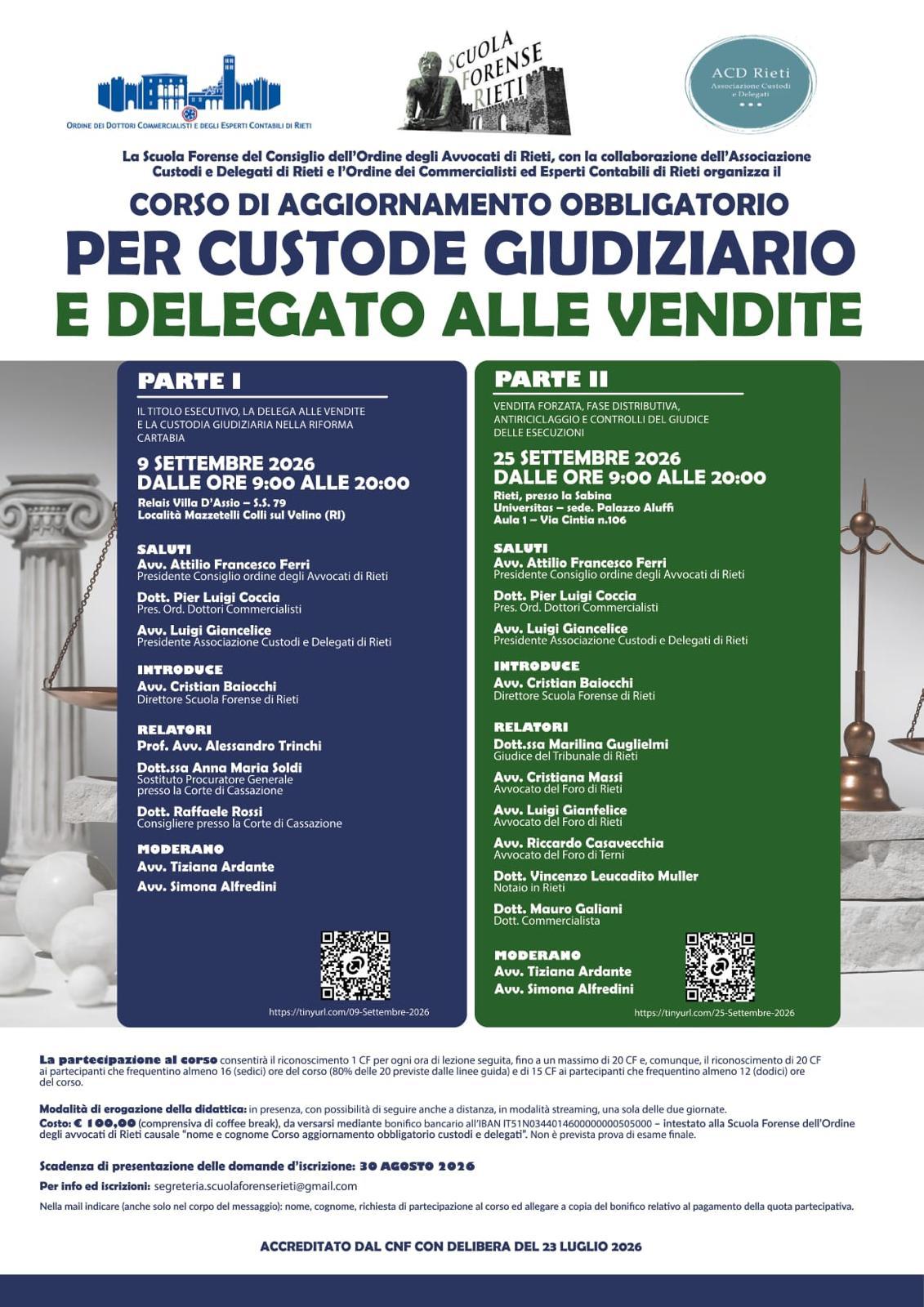 CORSO DI AGGIORNAMENTO PER CUSTODE GIUDIZIARIO E DELEGATO ALLE VENDITE 2026 – 9 E 25 SETTEMBRE 2026